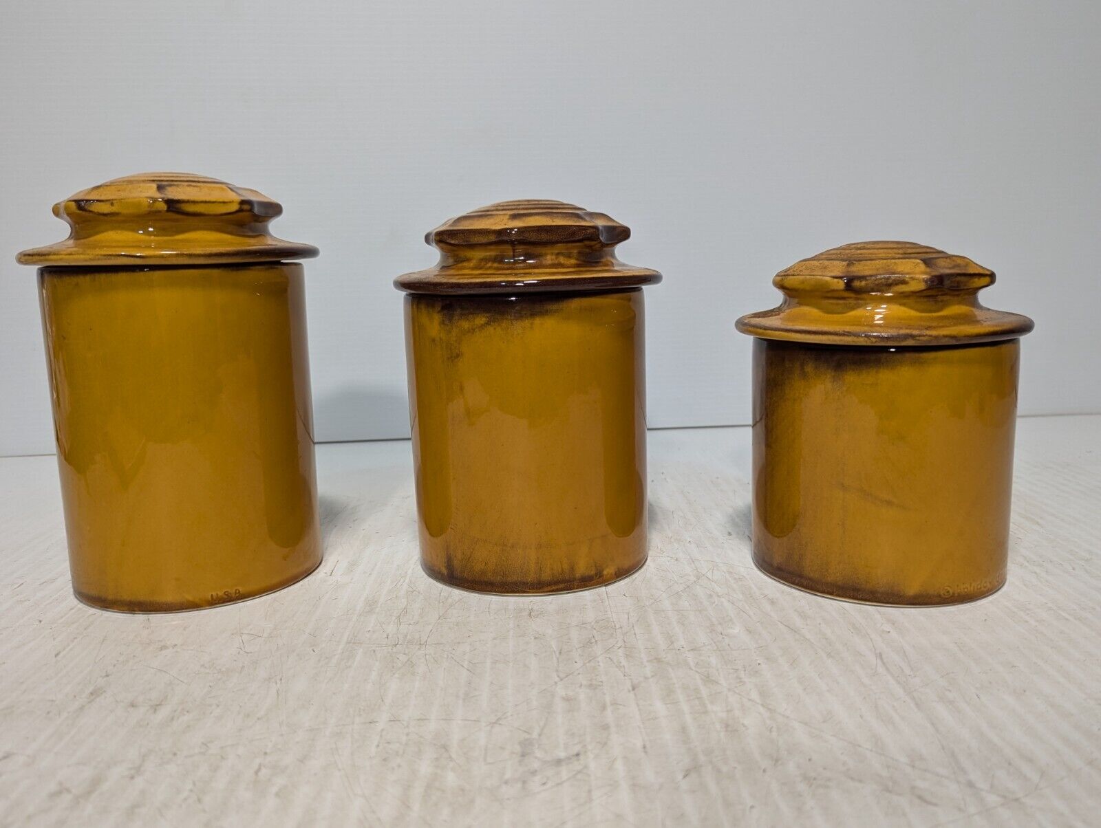 Vintage 60s Canister Set of 3, Vineyard Fall Design, Kitchen Deco -Free Shipping