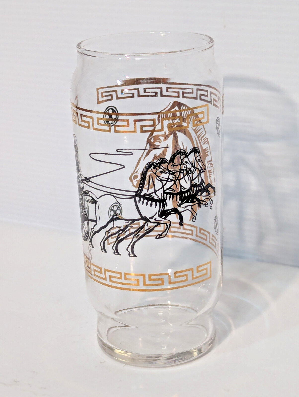 Vintage MCM Roman Greek Horse Chariot Gold Metallic Drinking Glass, Tumbler