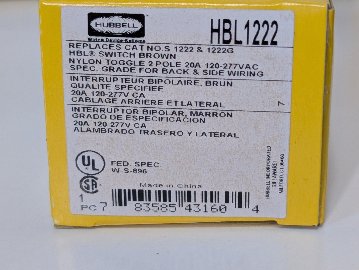 [2] Hubble HBL1222 Nylon Toggle Switch, 2 Pole 20A 120-277VAC