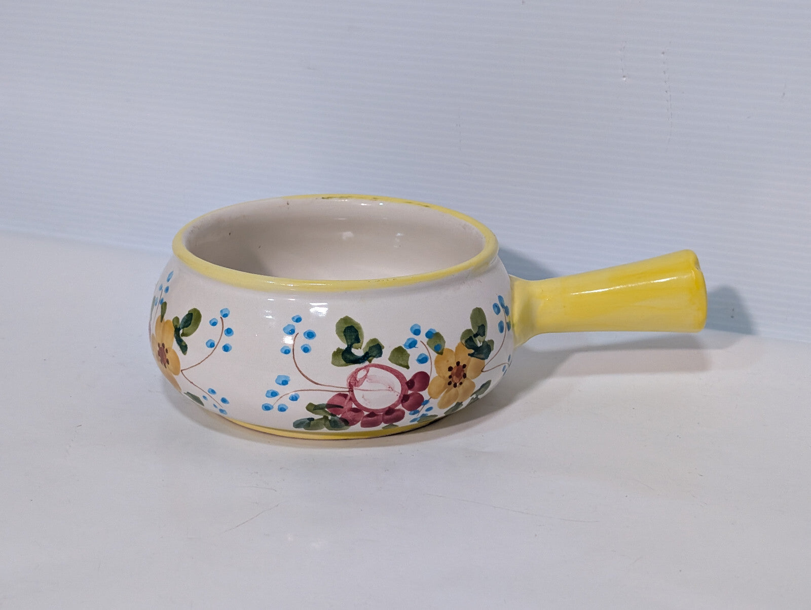 Vintage Hand Painted Soup Crock Pot Ceramic Dish Flowers Yellow Blue Green Berry