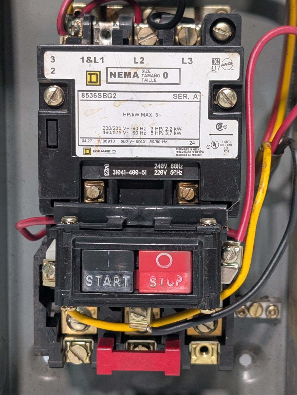 Square D 8536SBG2 Magnetic Motor Starter, Series A, NEMA 0, 480vac Coil, 18A