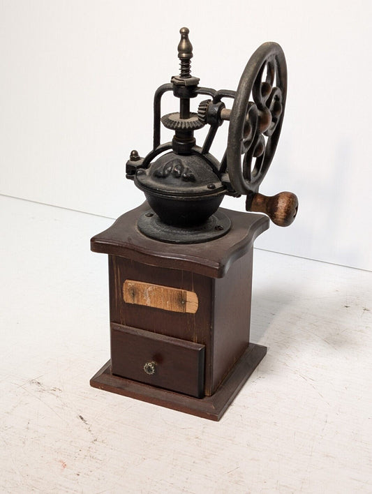 Vintage wood and cast iron manual coffee grinder as pictured with little drawer