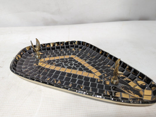 Vintage mosaic tray, black and gold, with eagles, 12 Inches By 6.75 Inches