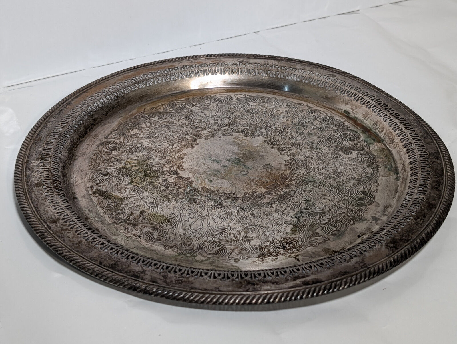 Vintage 15" Sterling Silver Plated Serving Platter, Tray, Victorian, Filagree