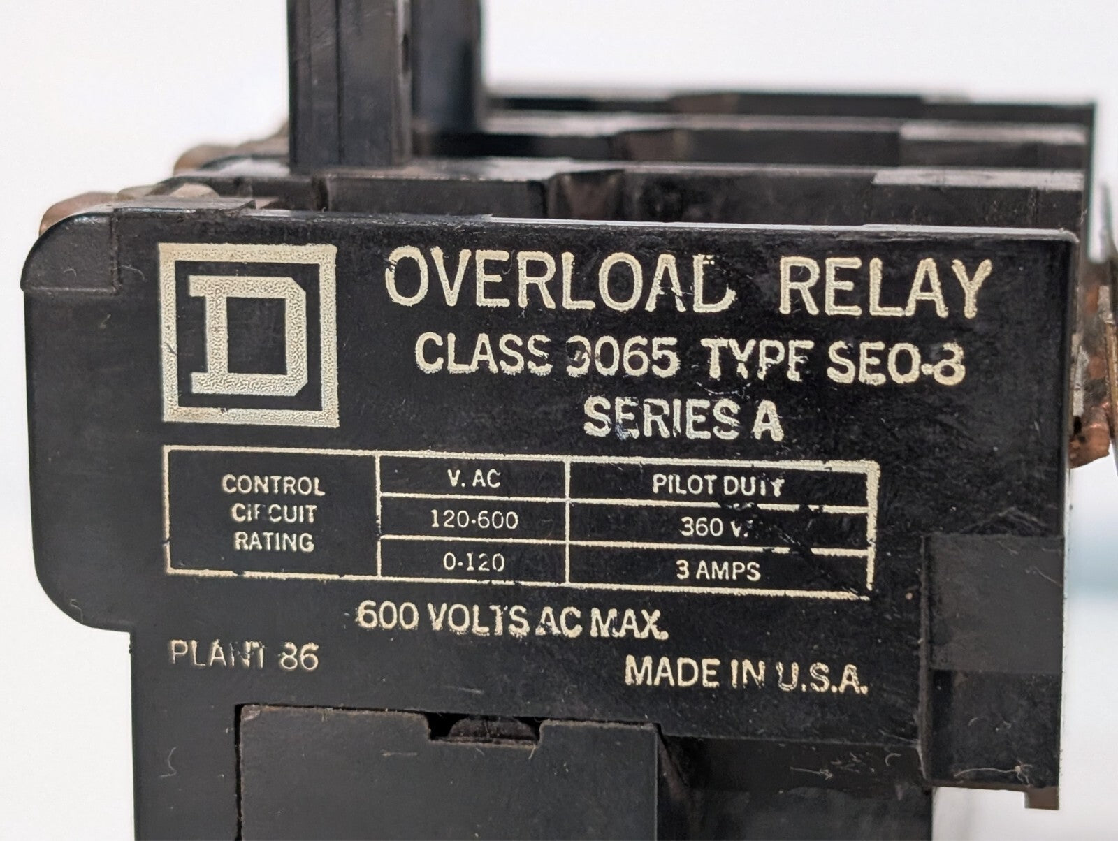 Square D Class 9065 Type SEO-8 Series A Overload Relay 600VAC
