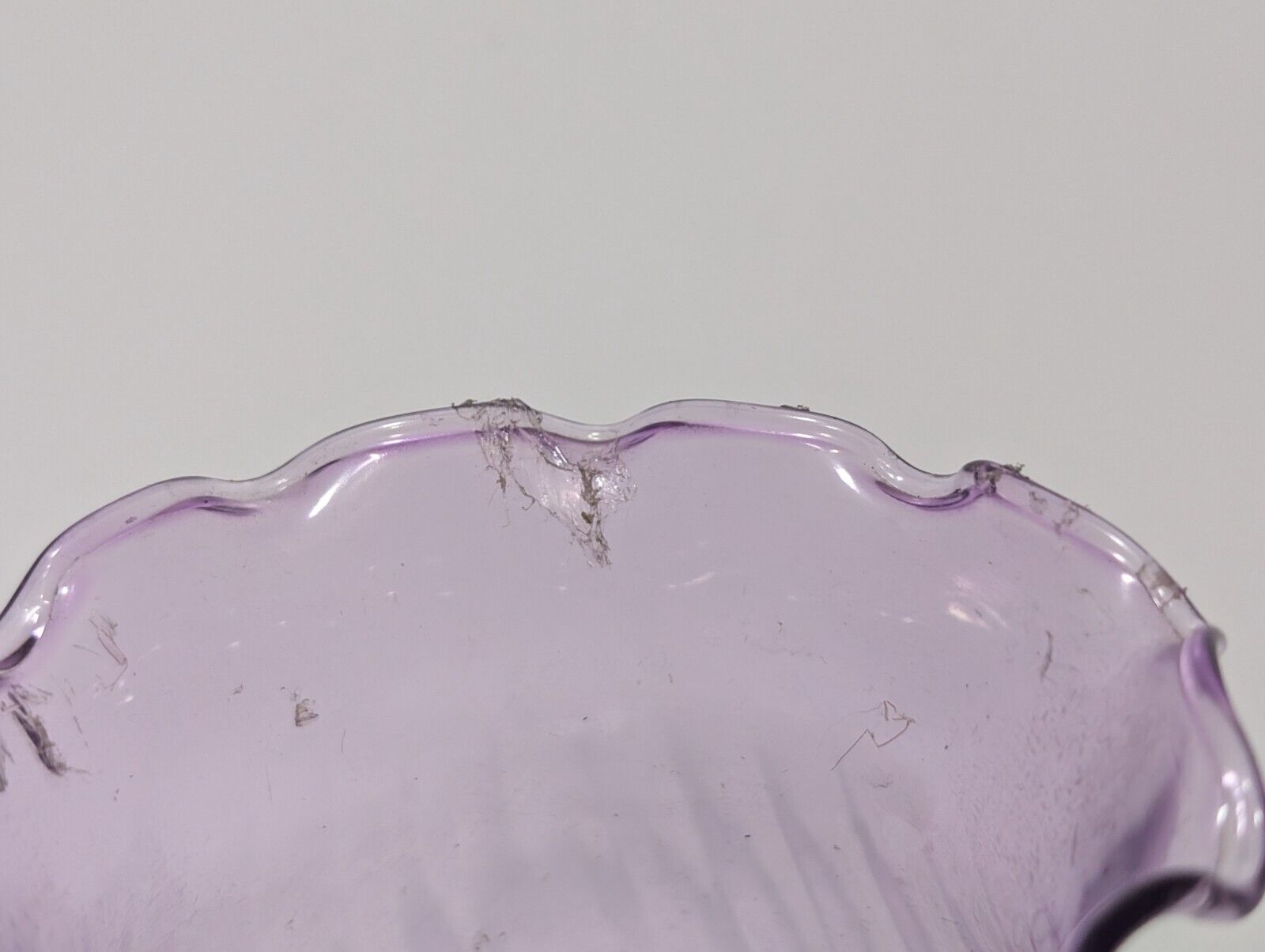 Vintage Lilac Spiral Pattern Scalloped Edge Translucent Vase, 6.5”H x  3.5"Dia.