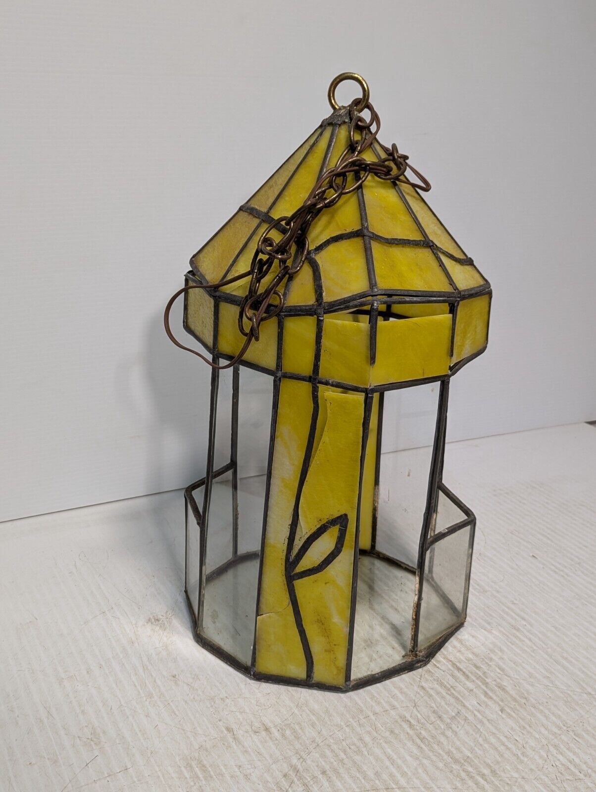 Vintage Yellow Slag Glass Hanging Terrarium Lamp, Stained Glass, - Free Shipping