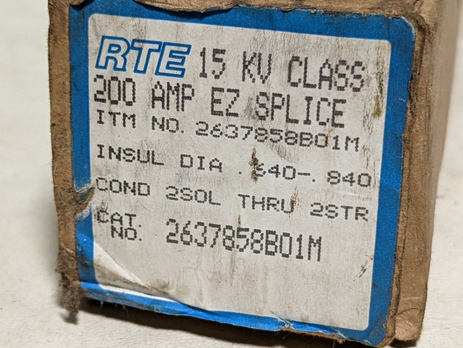 Cooper RTE 15KV class 200A EZ Splice, no. 2637858B01M, insul. dia .640-.840