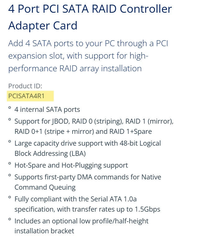 StarTech A114-00B - 4 Port PCI SATA RAID Controller Adapter Card, PCISATA4R1