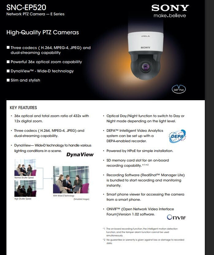 Sony SNC-EP520 IPELA Commercial PTZ Surveillance Camera, Day\Night, 360º Swivel