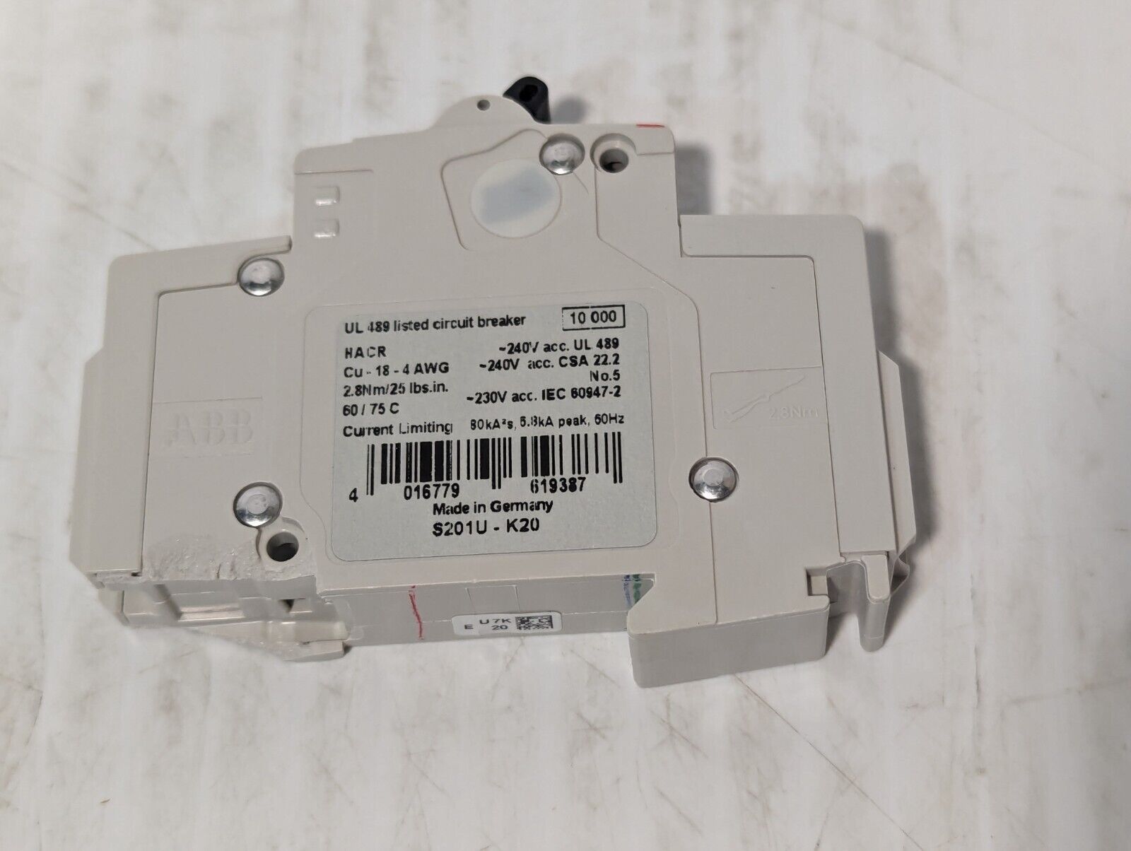 ABB S201U-K20 Circuit Breaker, 20A, 240VAC, 1-Pole - Free Shipping