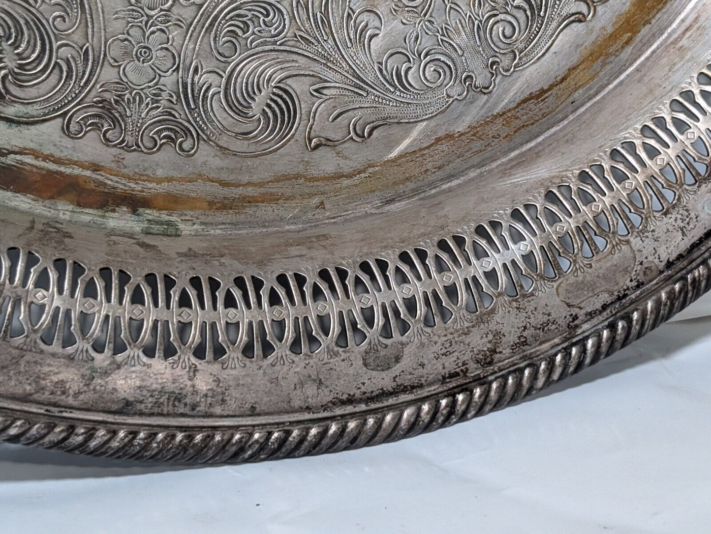 Vintage 15" Sterling Silver Plated Serving Platter, Tray, Victorian, Filagree