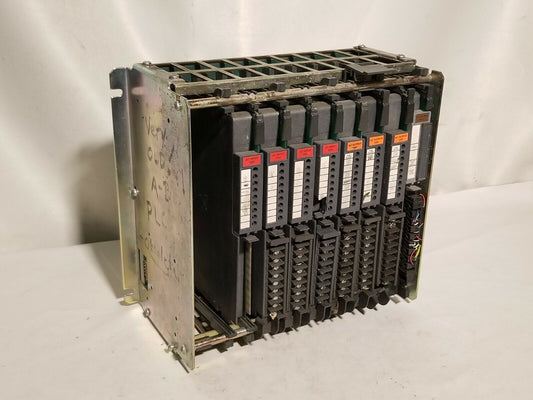 Allen Bradley 8 slot I/O PLC chassis, cat. no. 1771-A2B, with 8 cards, 120V