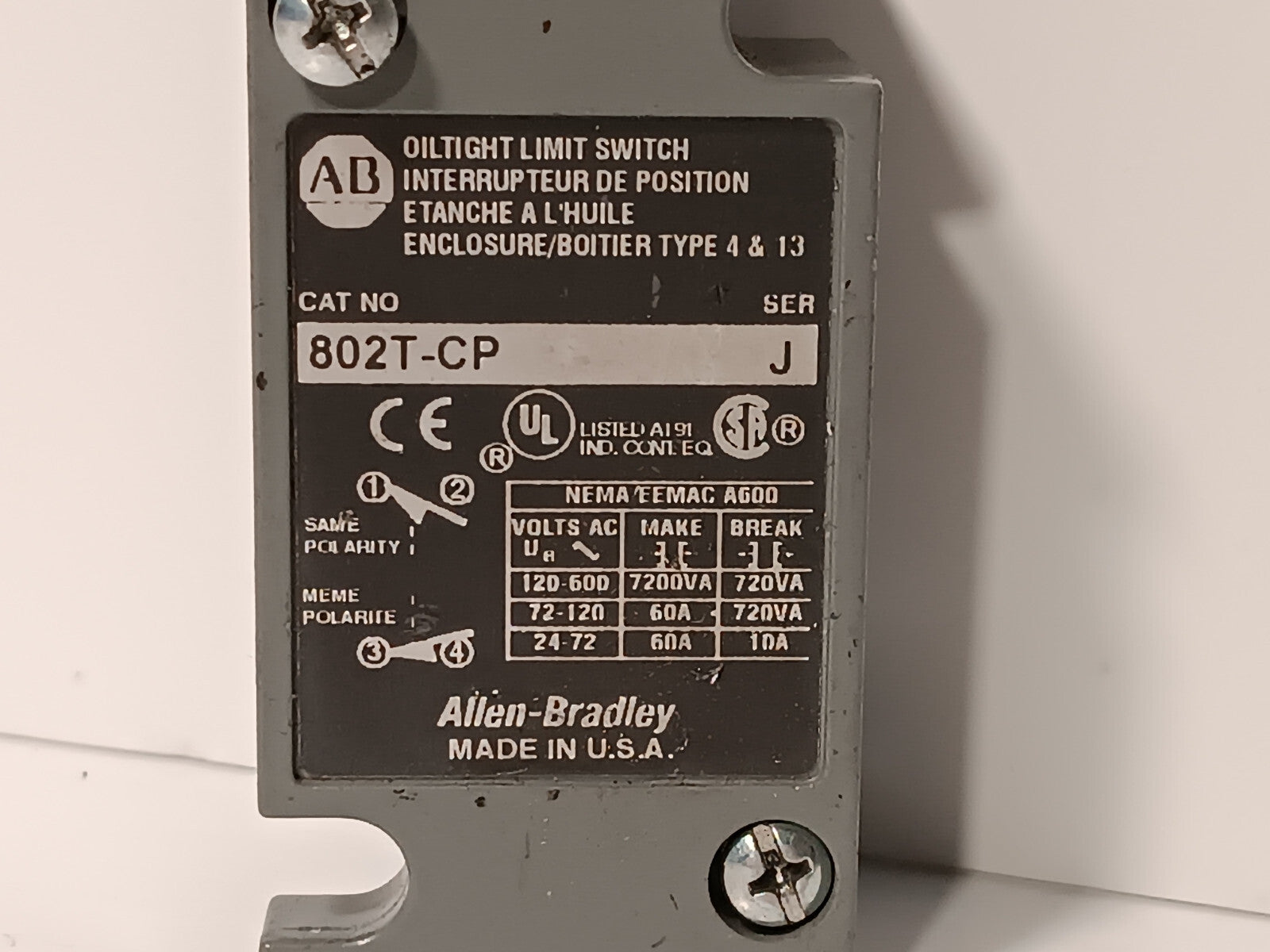 Allen Bradley 802T-CP Oil Tight Limit Switch, Made in USA, Series J