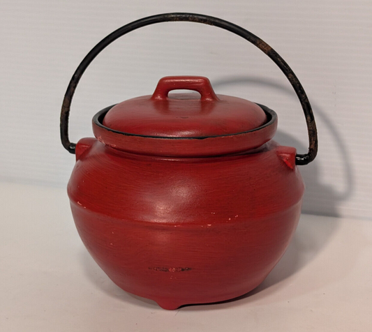 Vintage Mid Century Calif USA 702 Red Bean Pot Jar Black Metal Handle Kettle