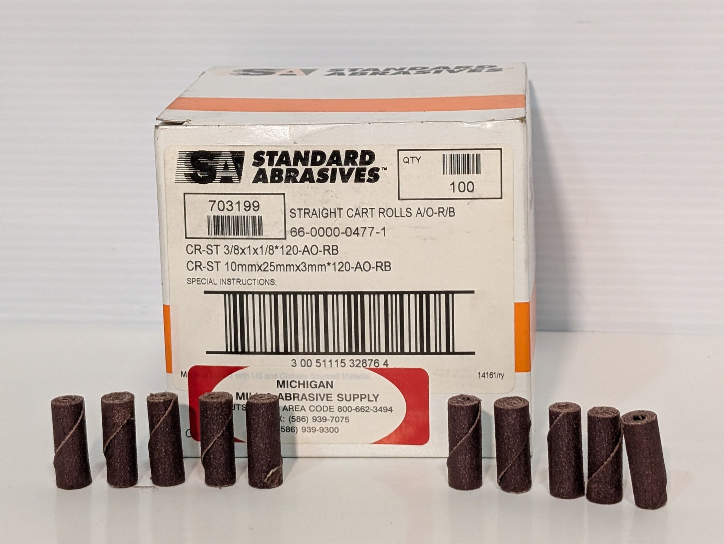 Standard Abrasives 703199 Straight Cart Rolls 3/8x1x1/8 120 AO-RB Grit, 100 Ct