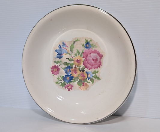 Vintage Hotoven Harker Pottery Floral Petit Point Silver Trim Round Plate