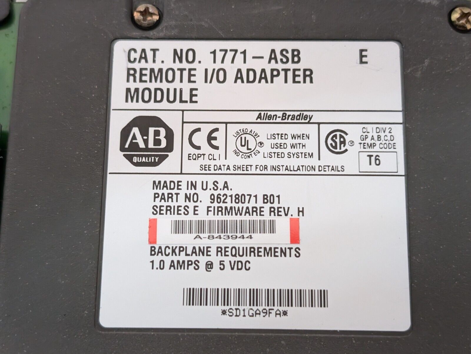 Allen Bradley 1771-ASB/E Remote Input / Output Adapter Module - Free Shipping