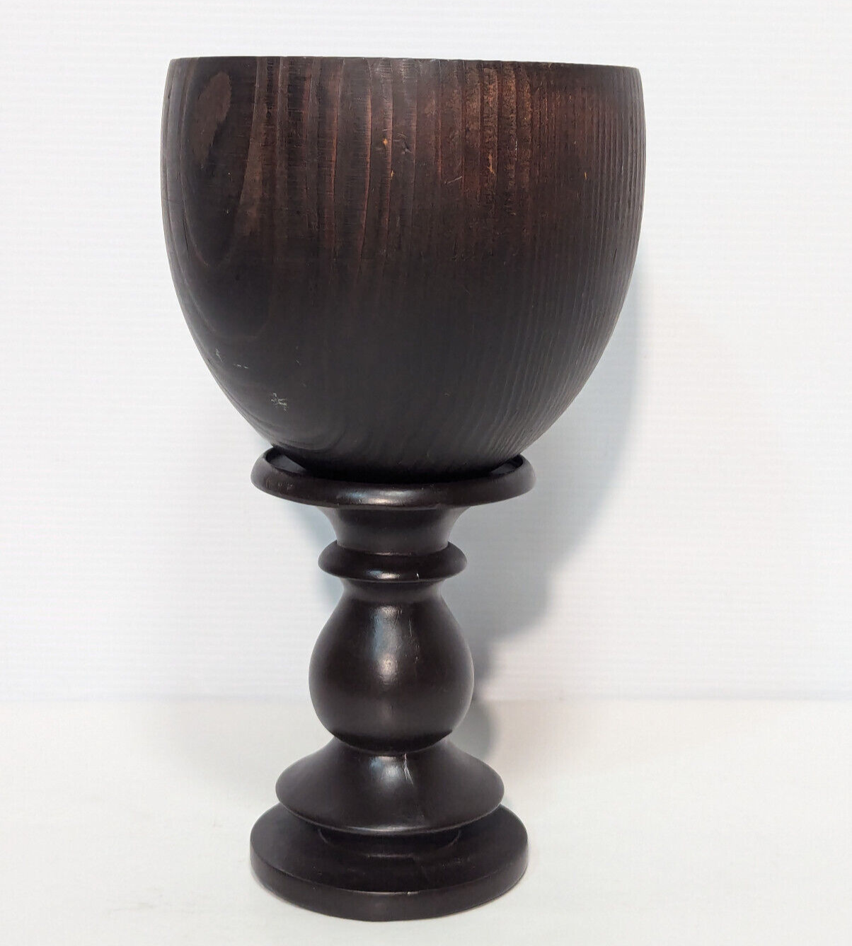 Unique Vintage Mid-Century Wooden Chalice Bowl Wood Stand Pedestal, Red Interior
