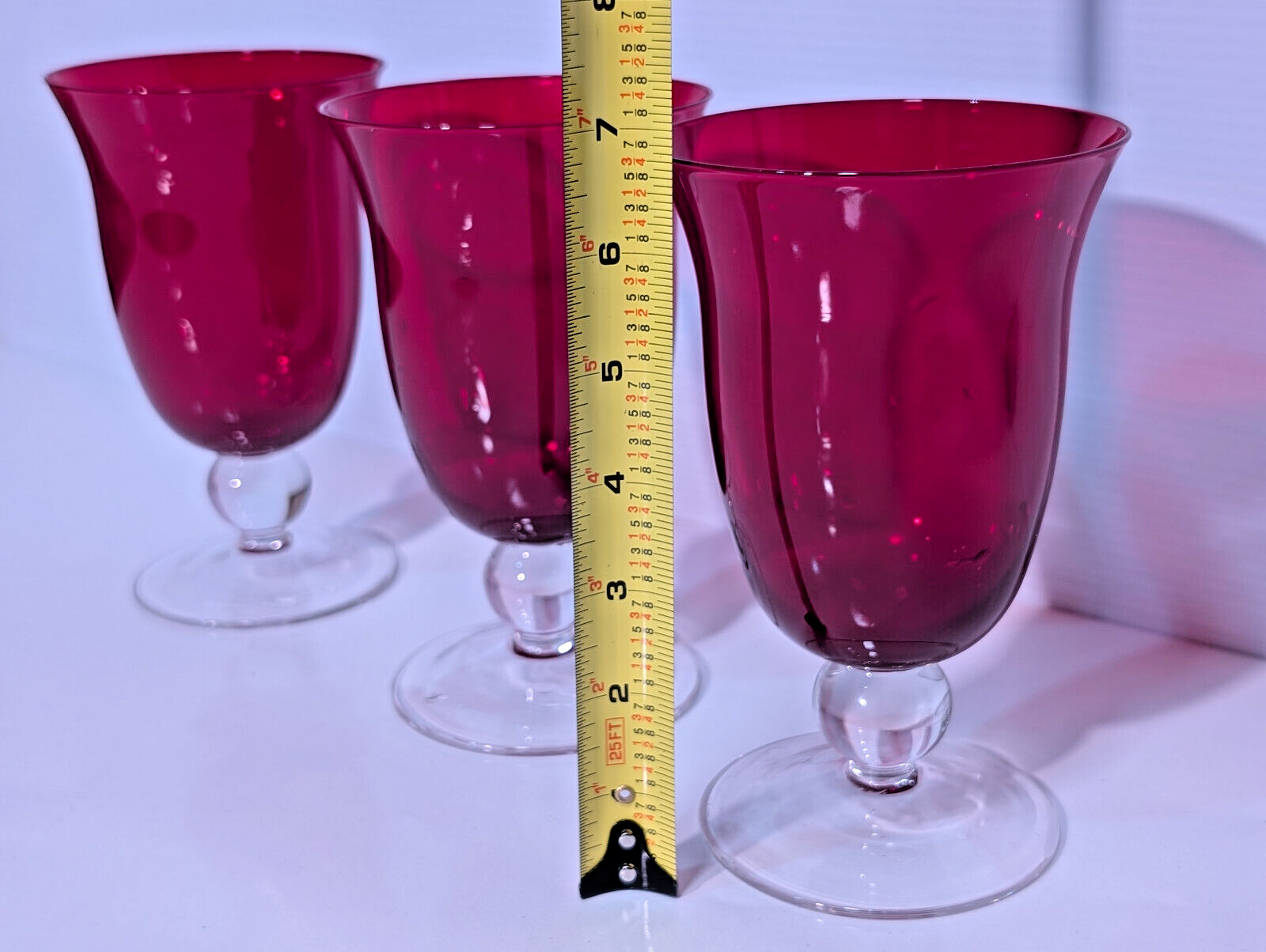 3 Vintage Ruby Red Goblets Fluted Clear Stem Tumblers Holiday Retro Celebration