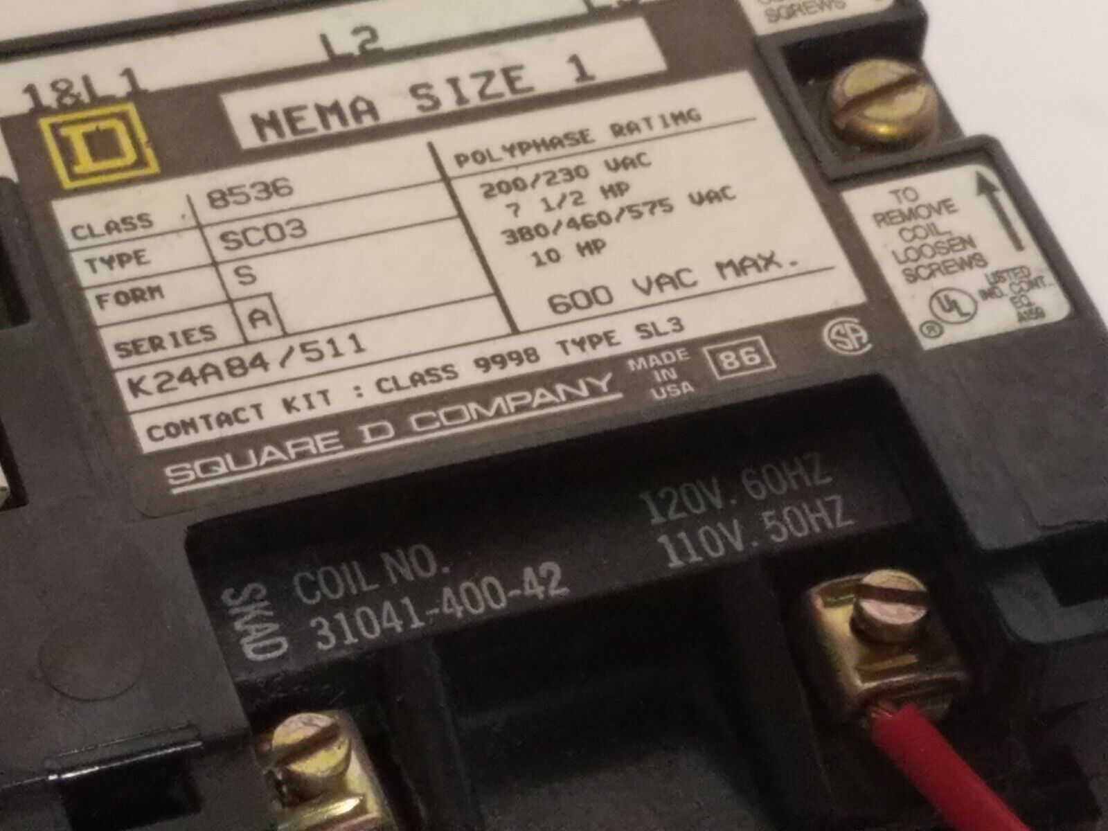 Square D 8536SC03V02S, size 1 motor starter, w/ 110/120VAC coil