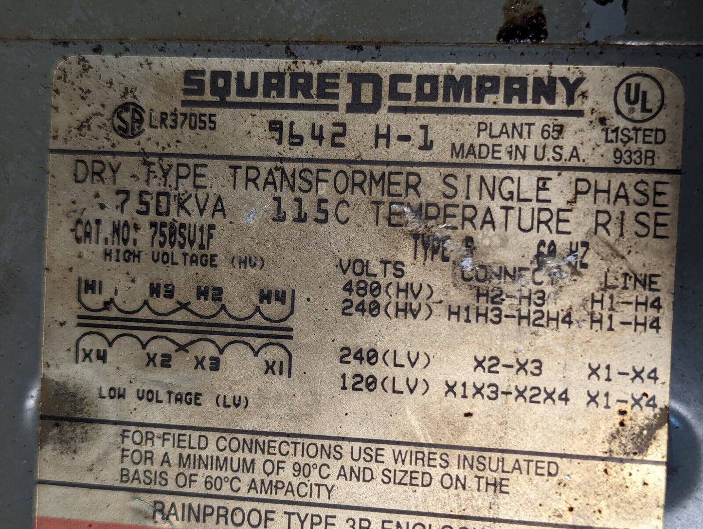 Square D 750SV1F Dry Type Transformer in Type R3 Rainproof Enclosure, LR37055