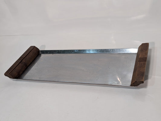 Vintage MCM Stainless Steel Serving Tray with Wooden Handles, 7-3/4" x 19"