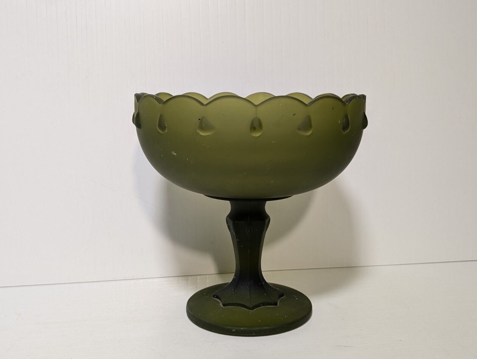 Vintage Indiana Green Frosted Stemmed Pedestal Glass Bowl - Teardrop Pattern