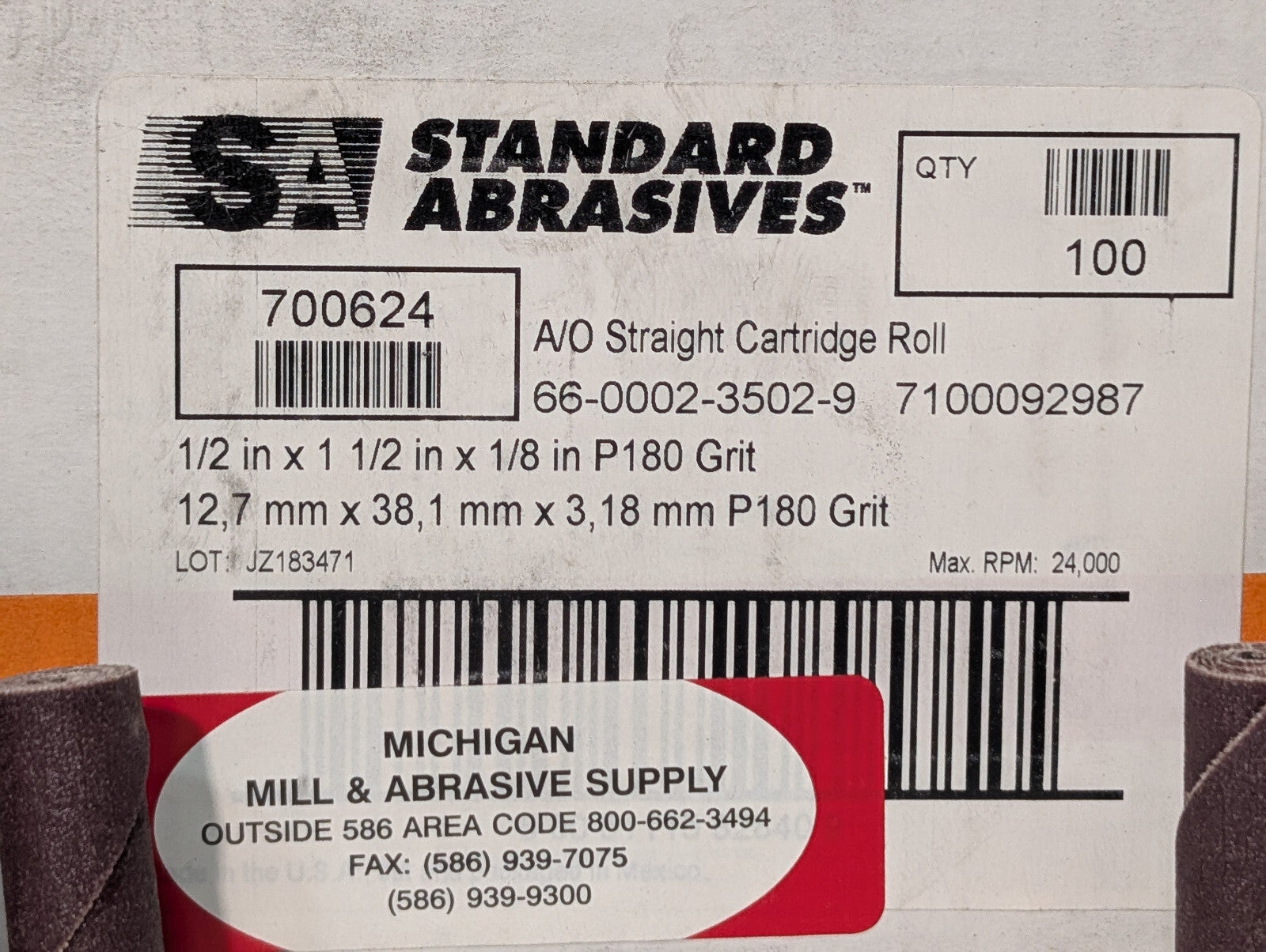 Standard Abrasives 700624 Straight Cartridge Rolls 100 Ct. 1/2"x1.5"x1/8", P180
