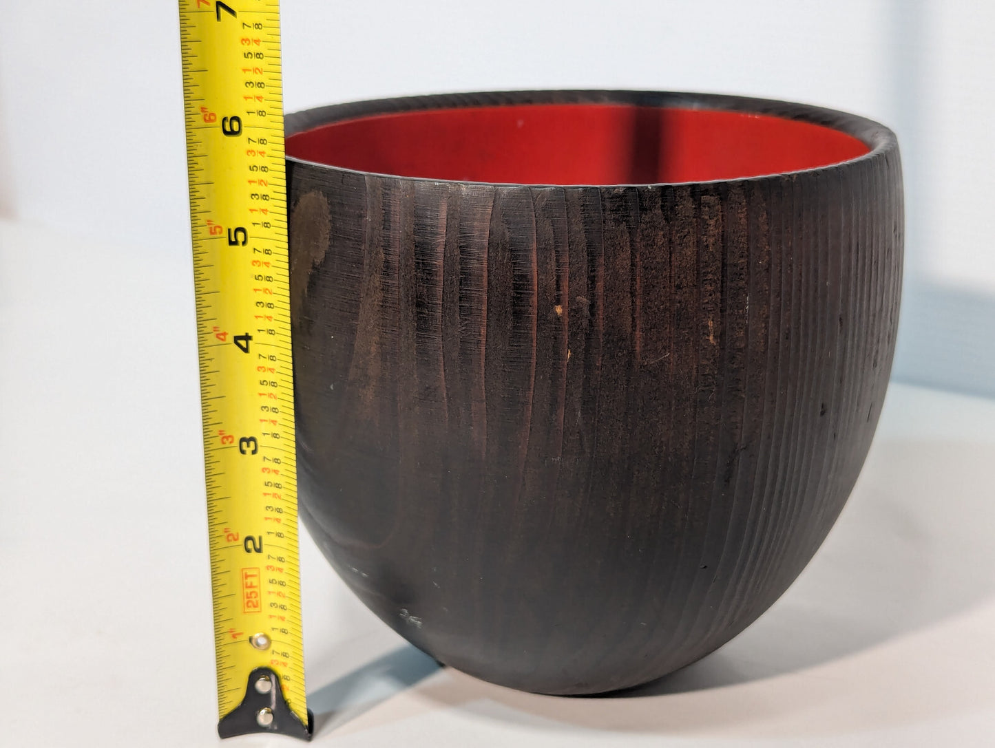 Unique Vintage Mid-Century Wooden Chalice Bowl Wood Stand Pedestal, Red Interior