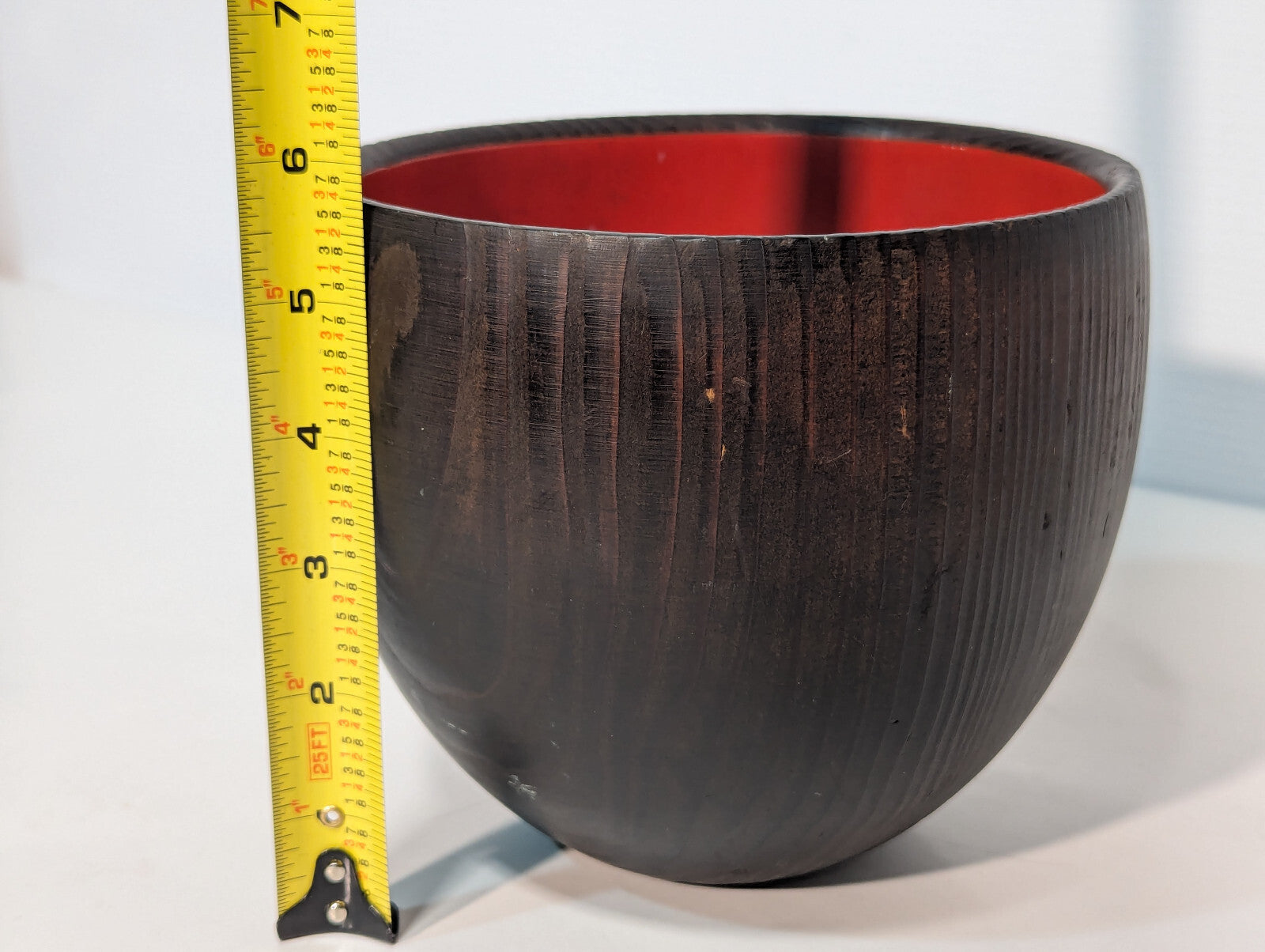 Unique Vintage Mid-Century Wooden Chalice Bowl Wood Stand Pedestal, Red Interior