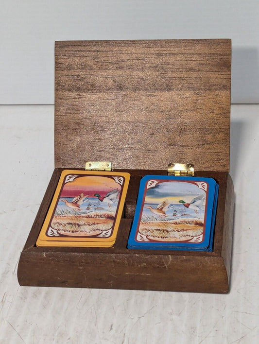 Vtg Mallard Duck Wood Playing Card Storage Box, 2 Decks, 1983 - Free Ship