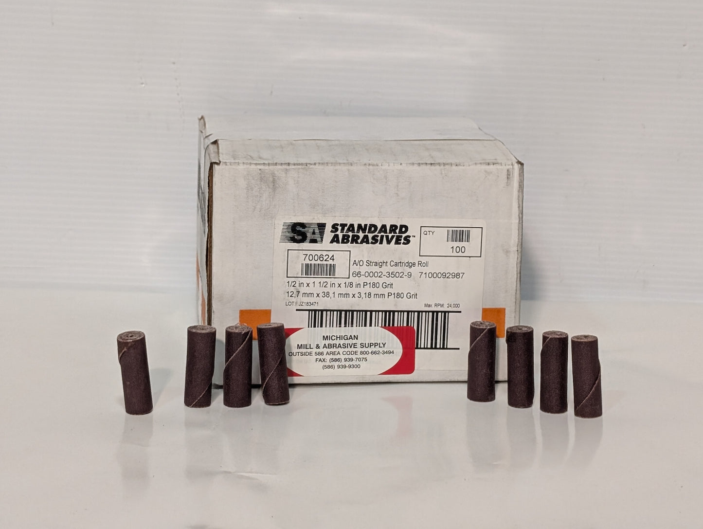 Standard Abrasives 700624 Straight Cartridge Rolls 100 Ct. 1/2"x1.5"x1/8", P180
