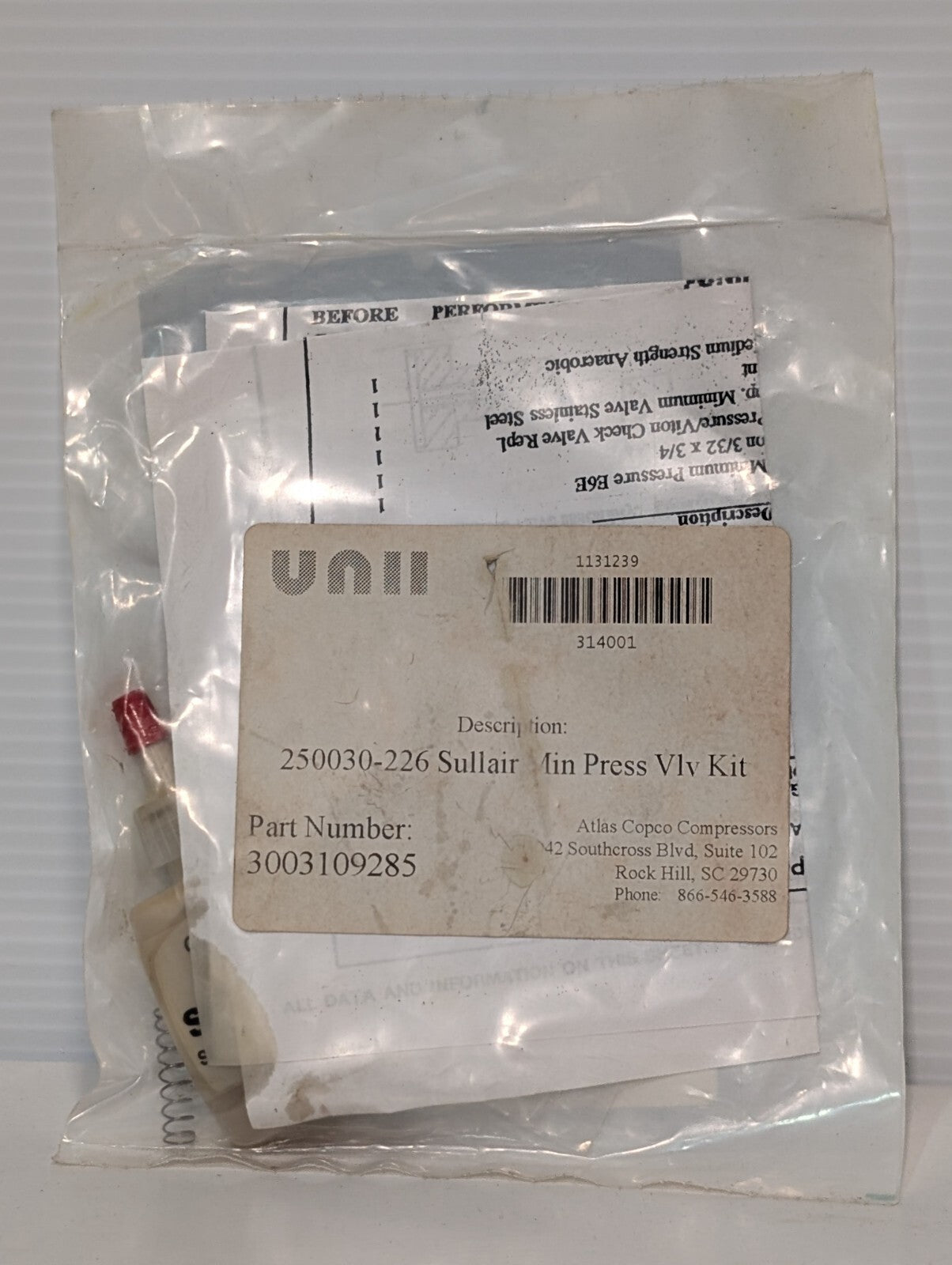 Sullair 250030-226 E6E Minimum Pressure Valve Kit Viton Check