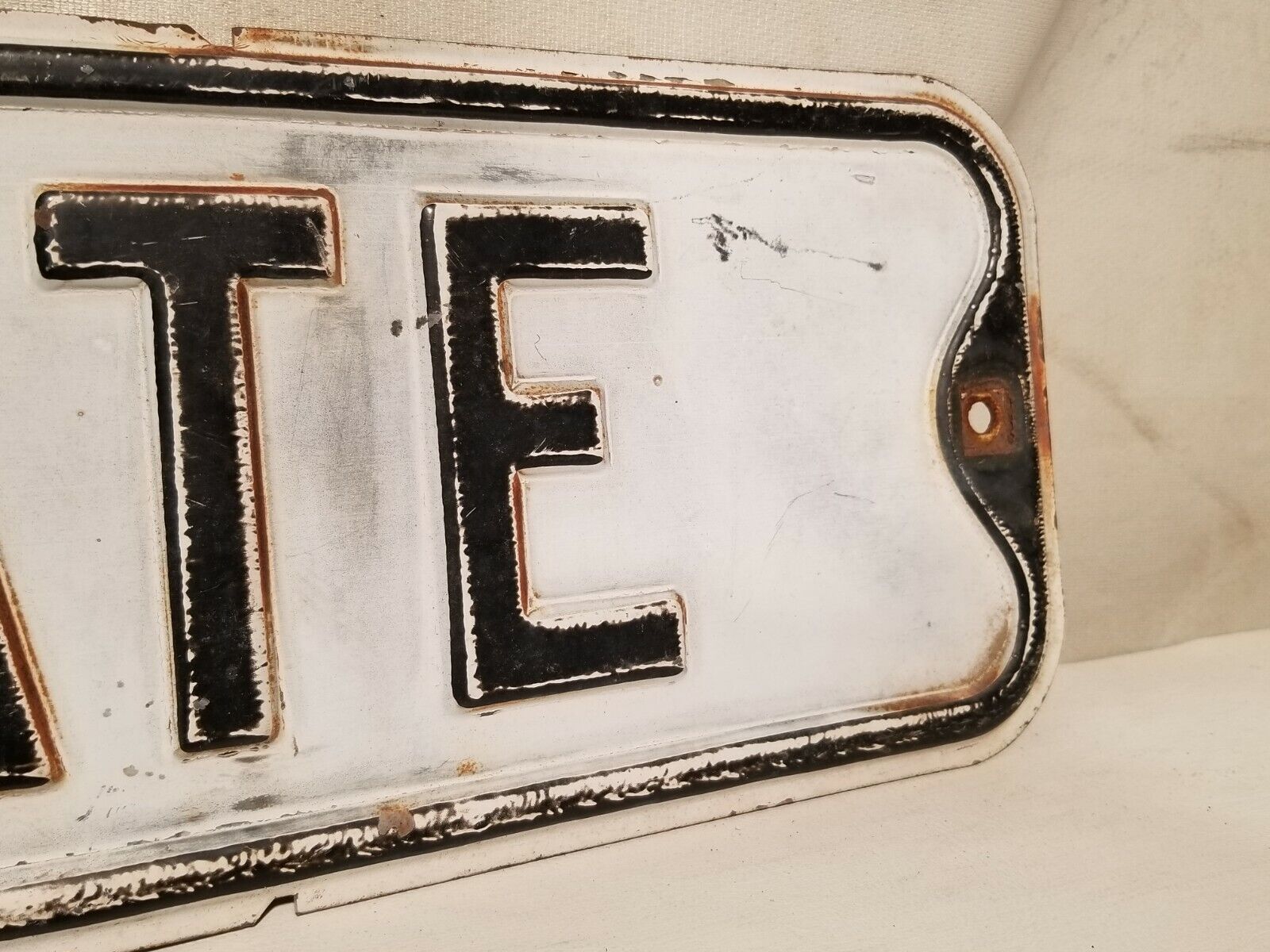State Street Sign, North State, black and white, some rust, embossed