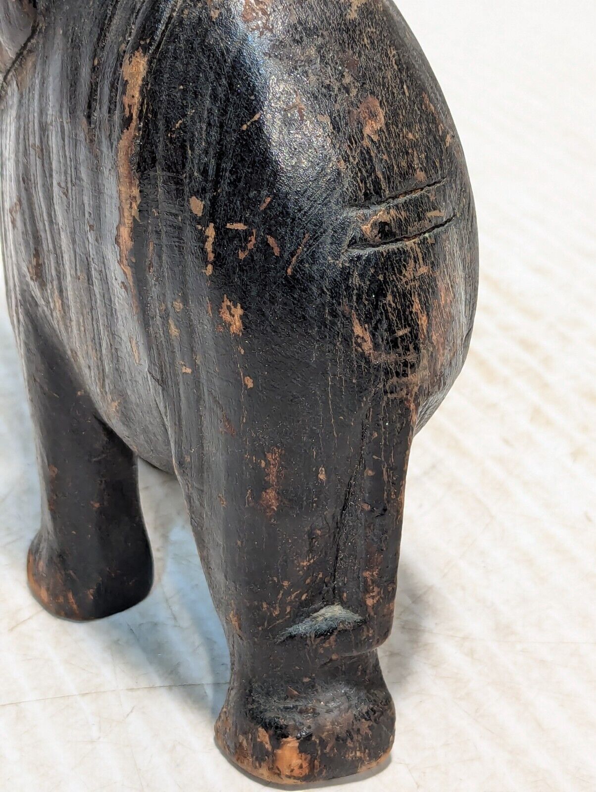 Vintage Hand Carved Black Wooden Elephant Figurine, Unique Design -Free Shipping