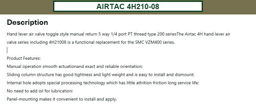 AIRTAC 4H210-08 Actuator Pneumatic 5/2 Way Manual Lever Hand Pull Valve, 4H21008