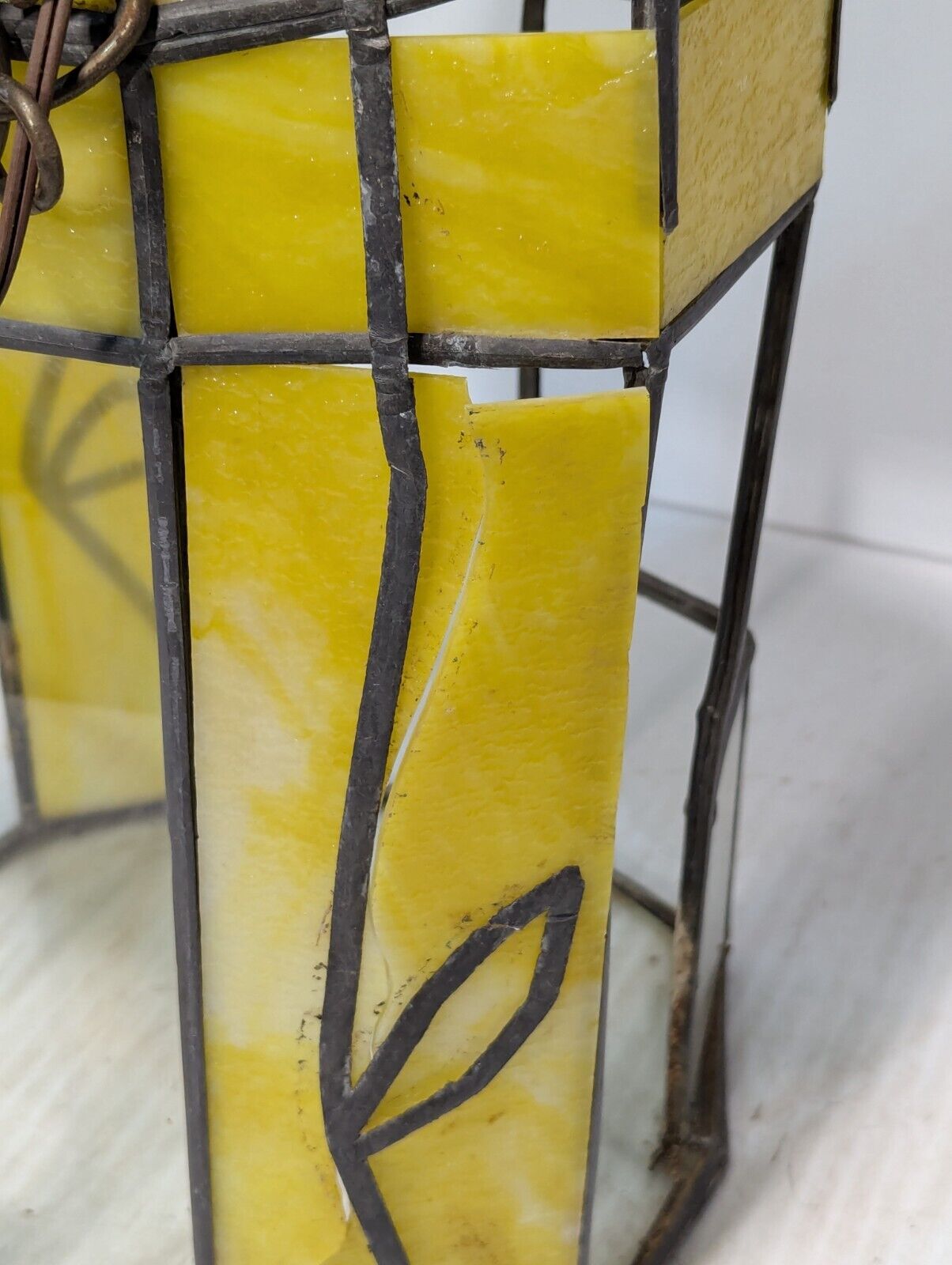 Vintage Yellow Slag Glass Hanging Terrarium Lamp, Stained Glass, - Free Shipping