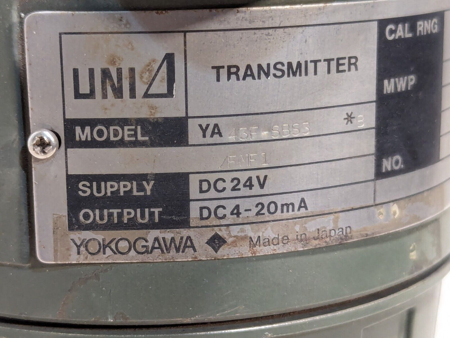 Yokogawa Uni 43F-SBS3/FMF1 pressure transmitter, 24VDC in, 0-400PSIG, 500PSI MWG