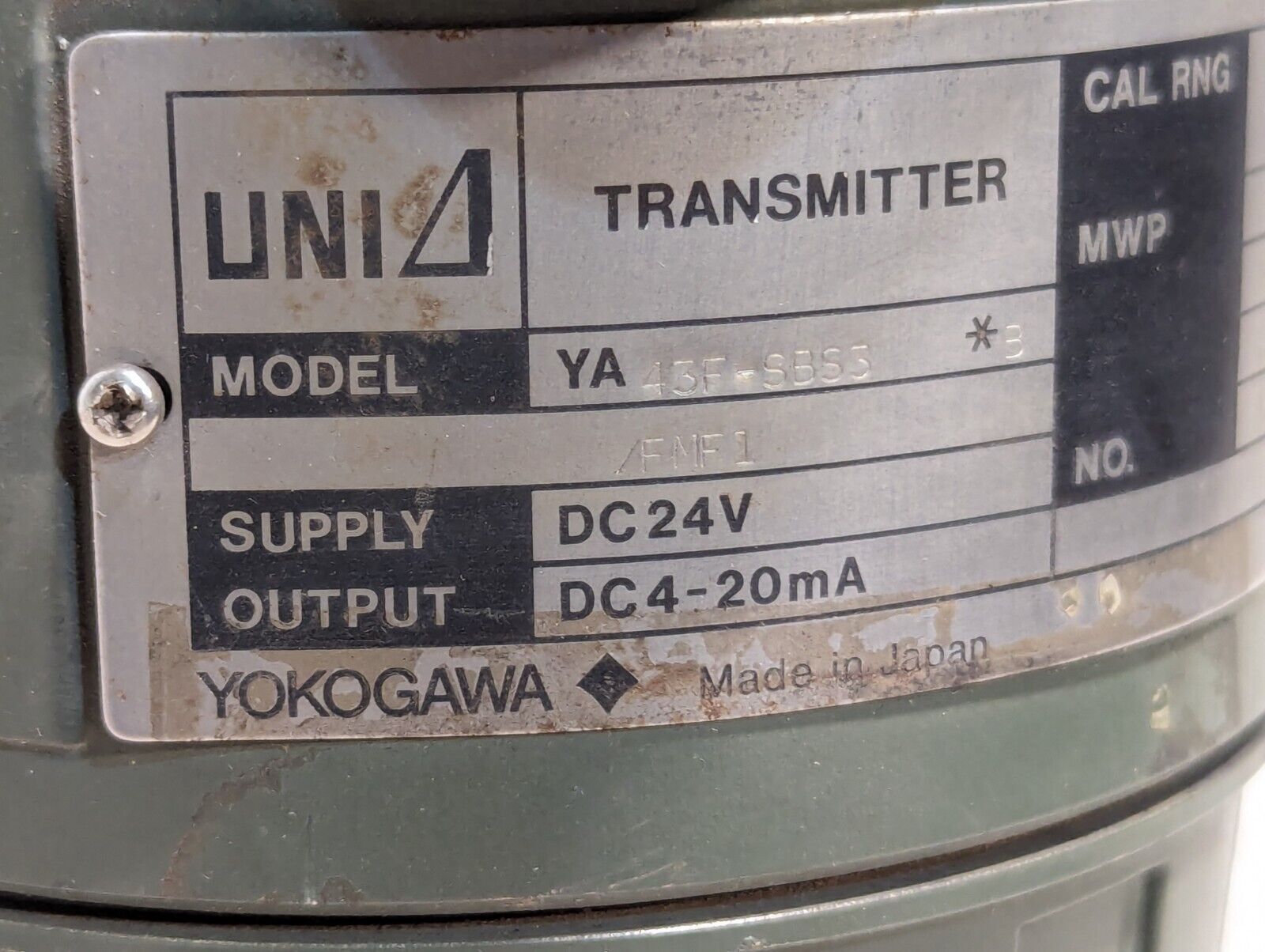 Yokogawa Uni 43F-SBS3/FMF1 pressure transmitter, 24VDC in, 0-400PSIG, 500PSI MWG