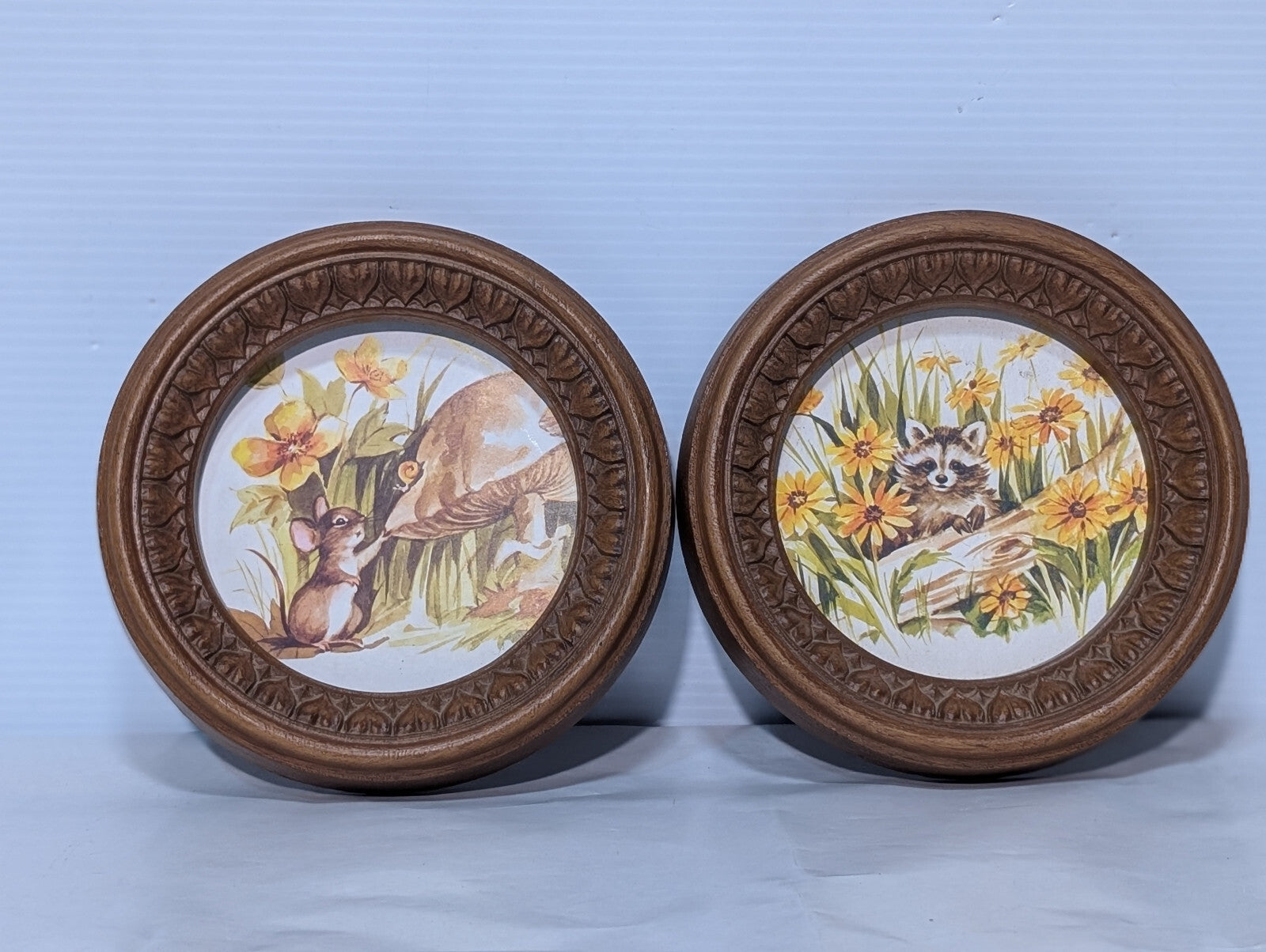 70s Vintage Round 7" Framed Art, Mushroom, Mouse, Raccoon, Woodland, Wildflowers