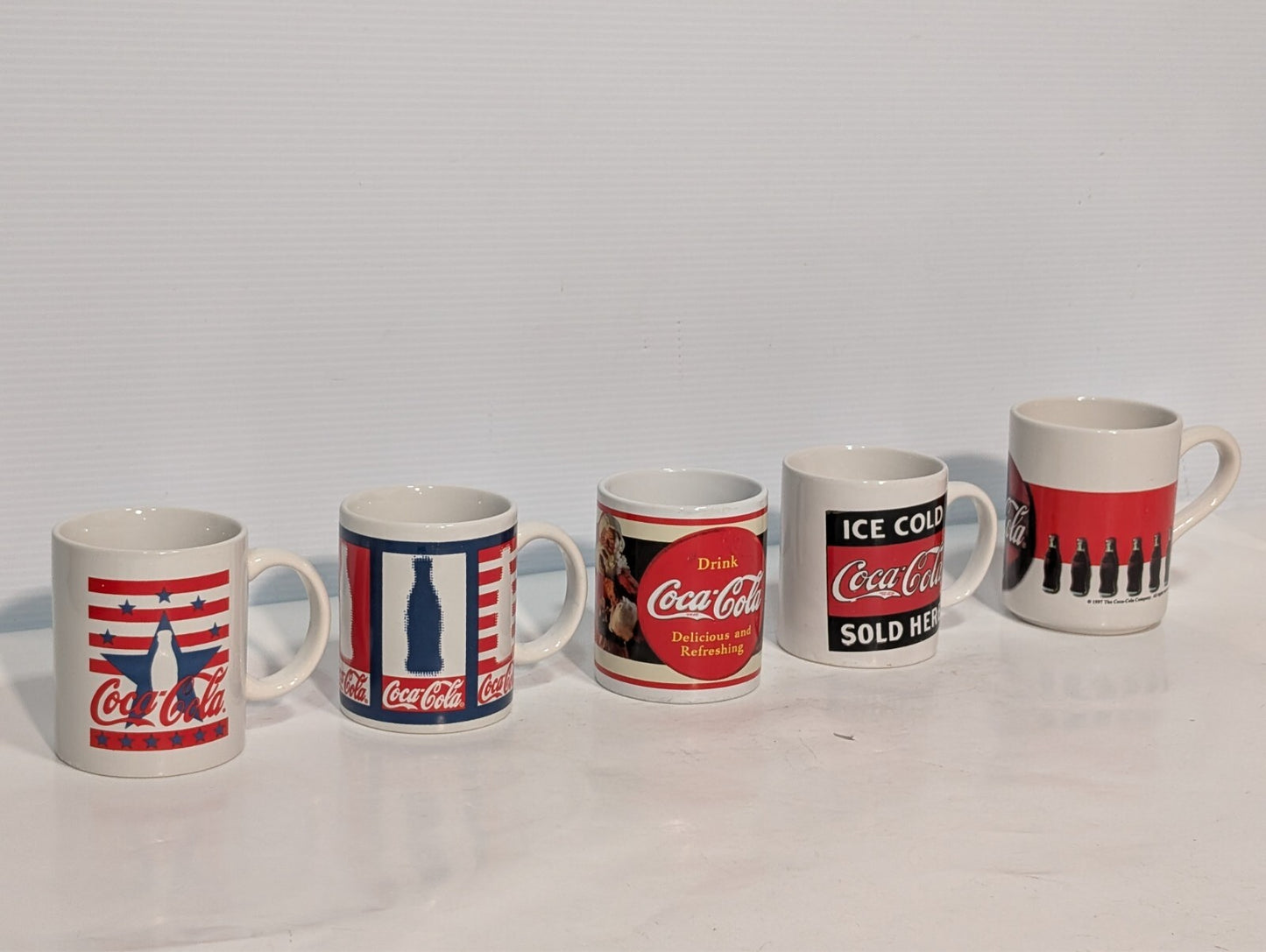 (5) Vintage Coca Cola Collectible Drinking Mugs Coke Ceramic Handles Red Blue