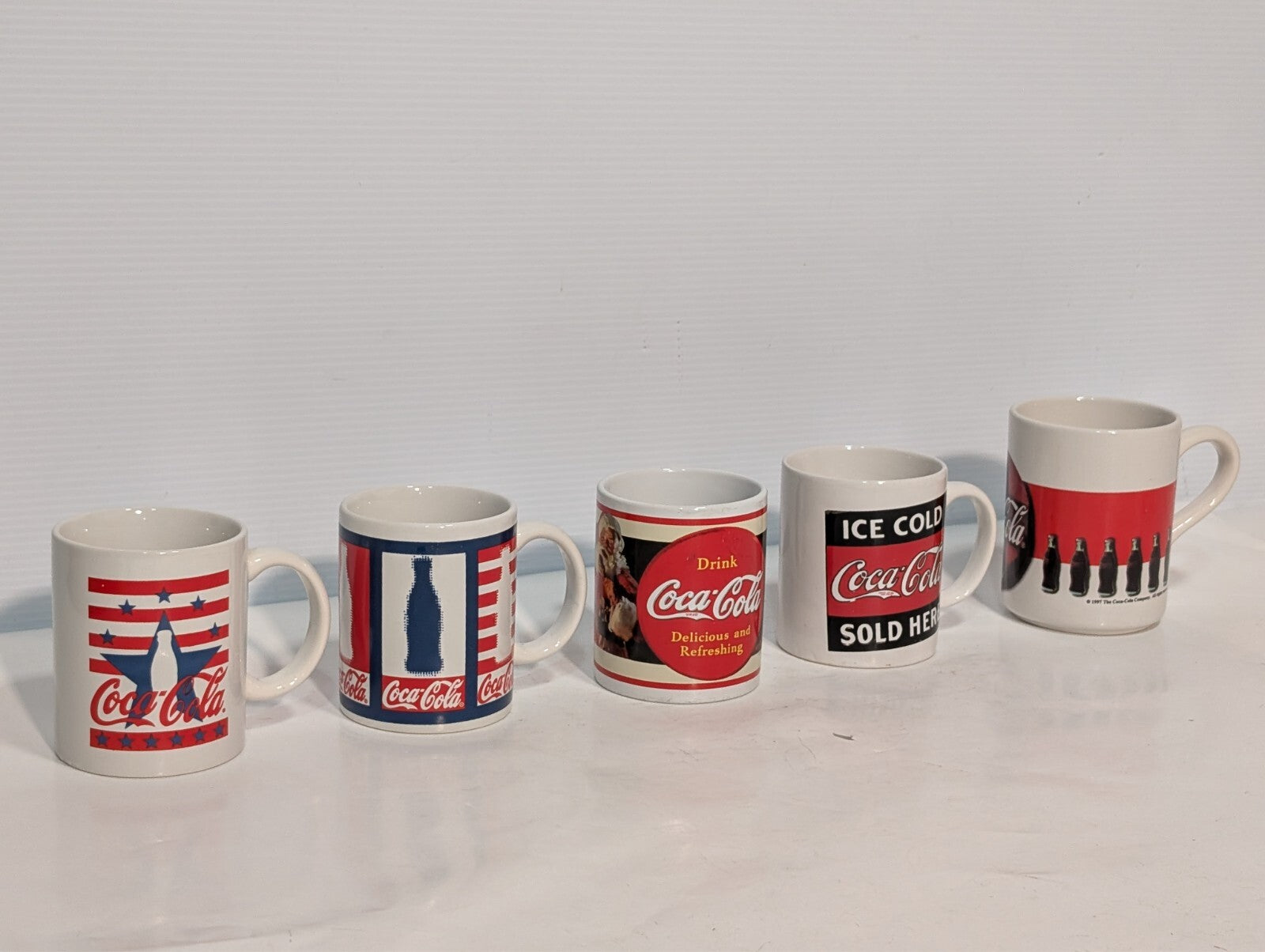 (5) Vintage Coca Cola Collectible Drinking Mugs Coke Ceramic Handles Red Blue
