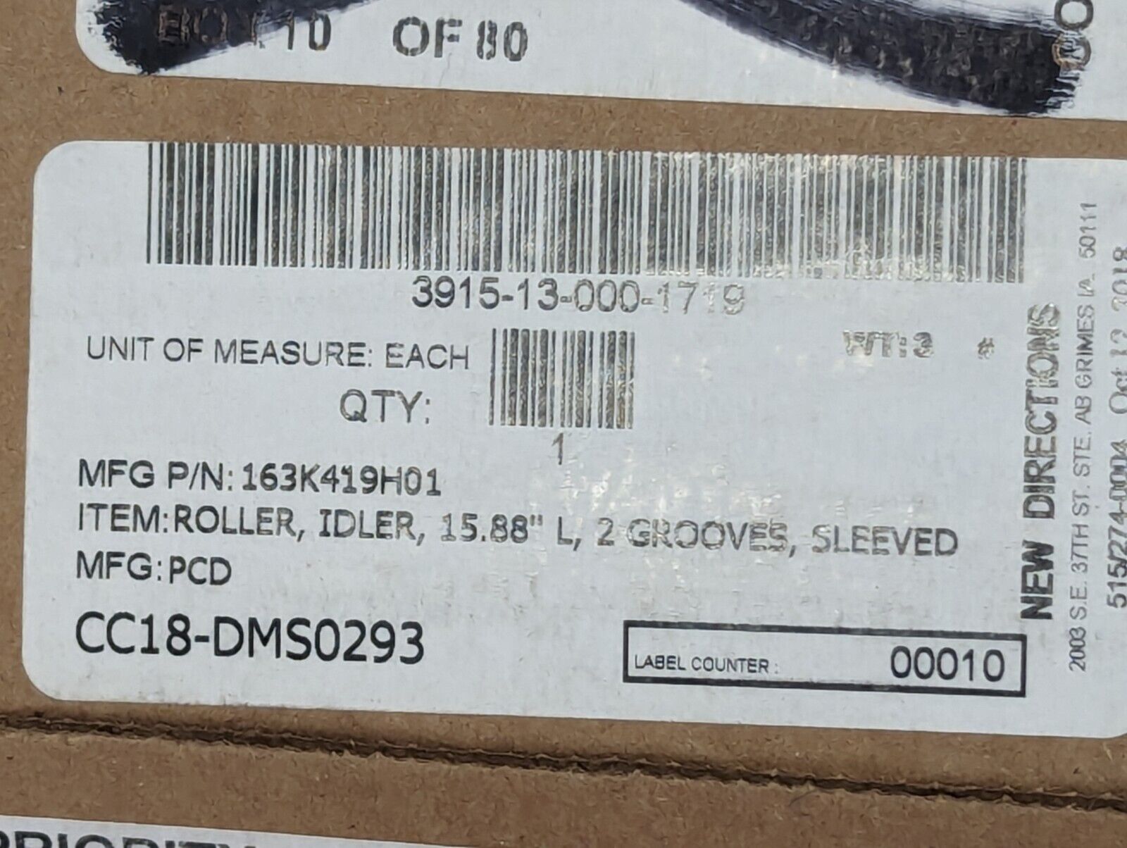 3915-13-000-1719 163K419H01 2-Groove Sleeved Idler Roller, 15.88"-Free Shipping