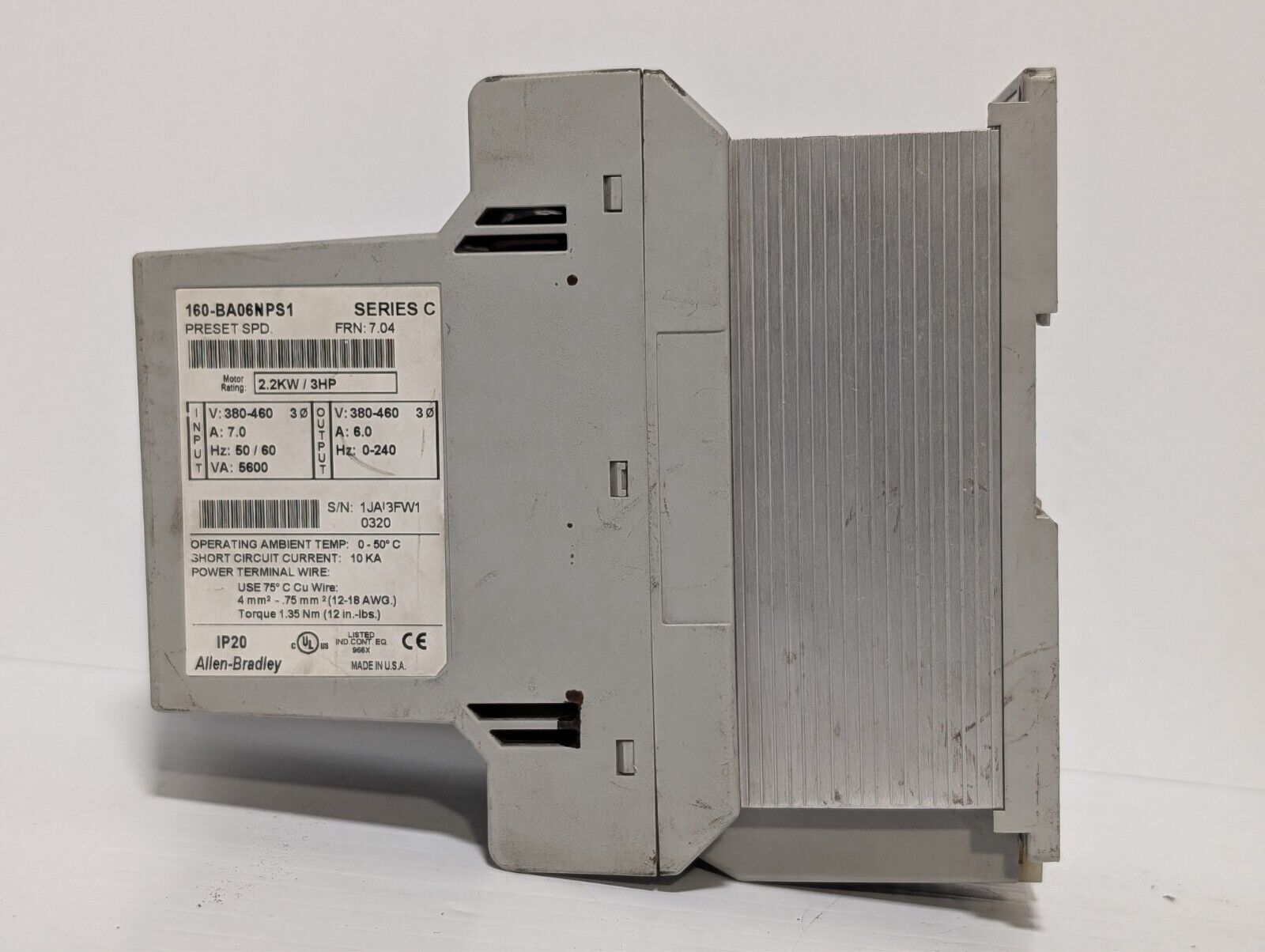 Allen Bradley 160-BA06NPS1P1 VFD 3 HP 2.2 kW Ser C FRN 7.05 160BA06NPS1P1