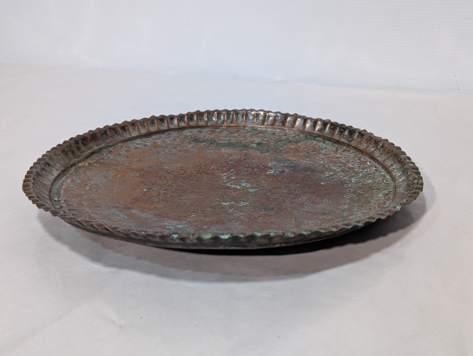 Vintage Hammered + Etched Copper Tray, Possibly Persian or Syrian, 13" Diameter