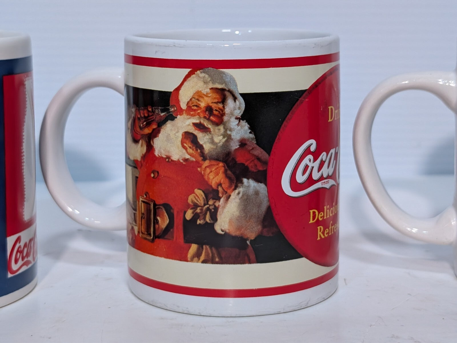(5) Vintage Coca Cola Collectible Drinking Mugs Coke Ceramic Handles Red Blue