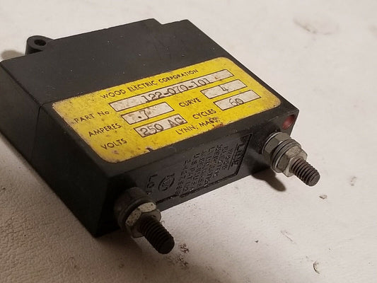 Wood Electric 122-070-101 circuit breaker, 0.7A, 250VAC, 60Hz, curve 4, 1 pole