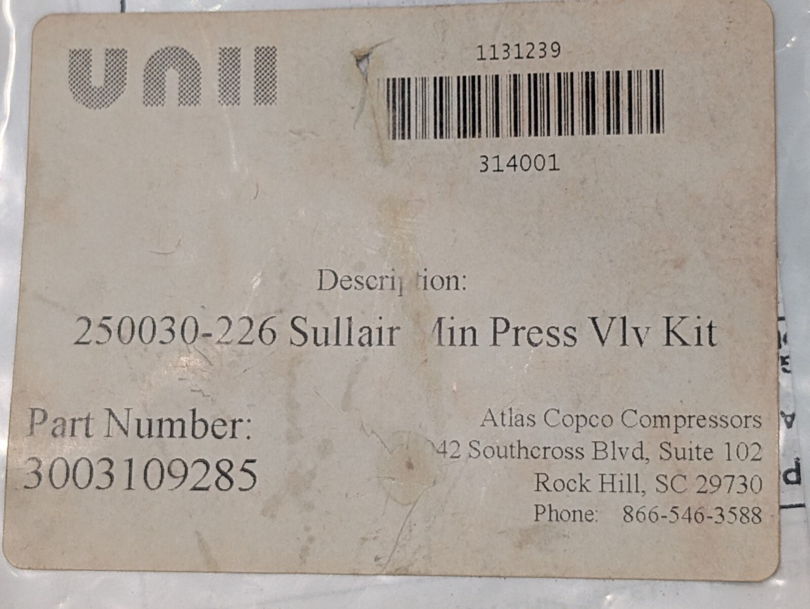 Sullair 250030-226 E6E Minimum Pressure Valve Kit Viton Check