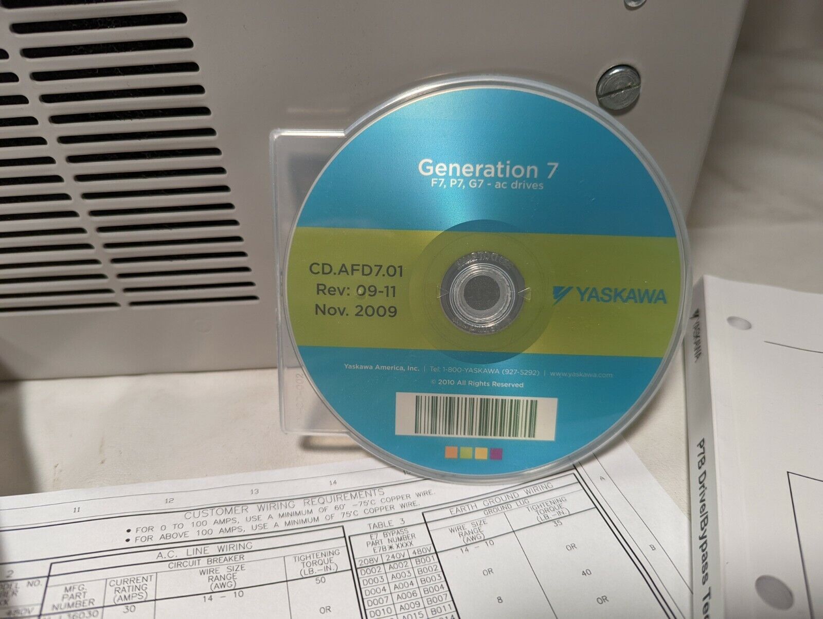 Yaskawa P7B drive with bypass, P7BVD030X, output 0-208V, 0-60Hz, 30.8A, 3 phase